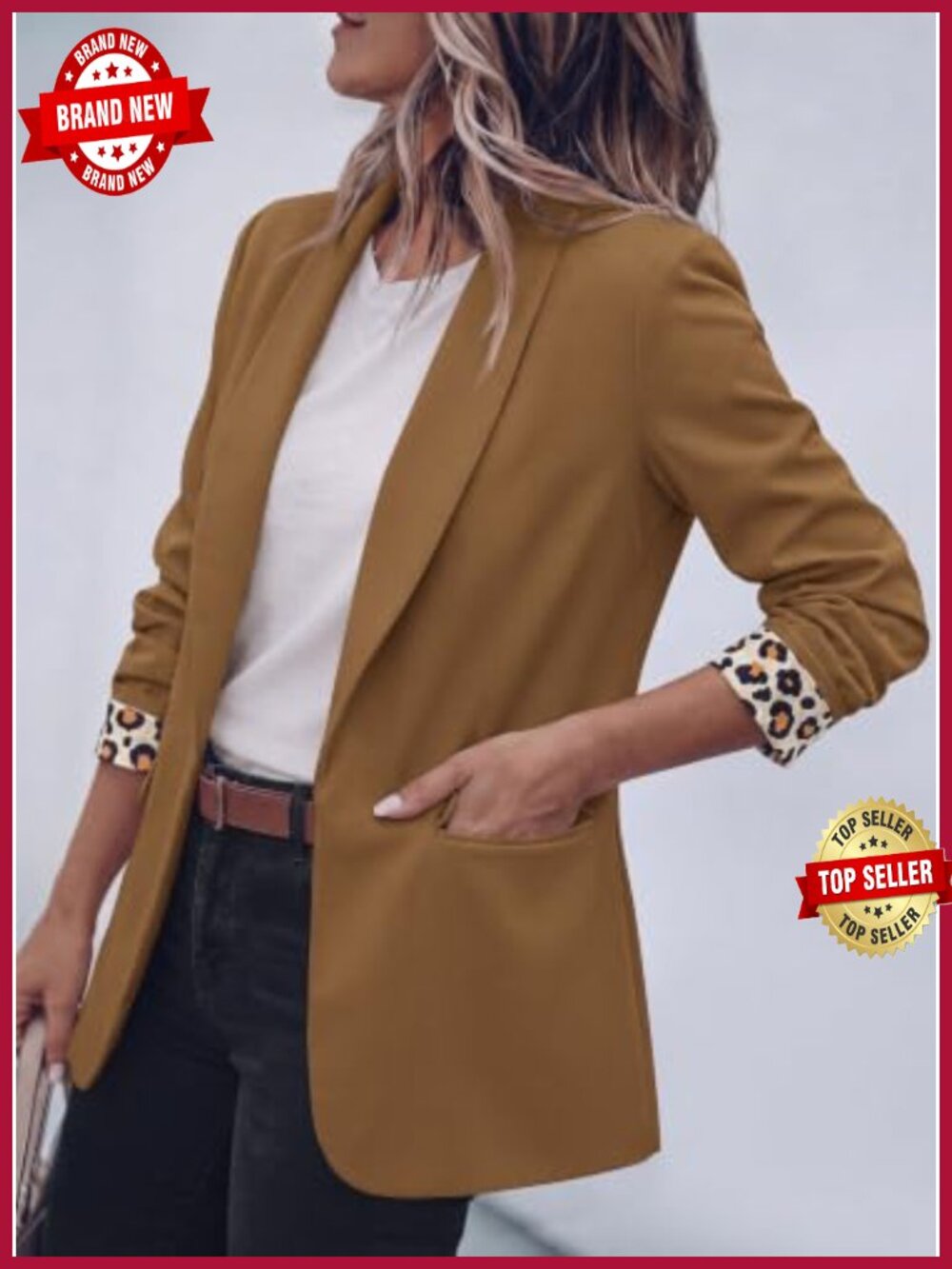 Open Front Blazer Shawl Collar Leopard Lined Business Casual Women's Suit Jacket - Picture 3 of 6